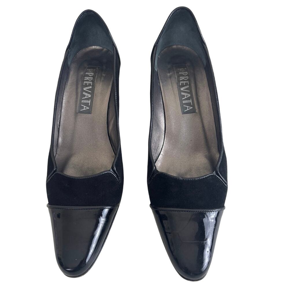 Prevata Nello Black Suede and Patent Leather Pointed Cap Toe Italian Made Size 7